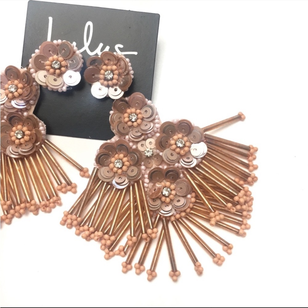 Rose Gold Beaded Sequin Flower Statement Earrings